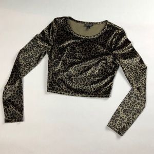 TOPSHOP Velvet Leopard Crop Top Long Sleeve Shirt